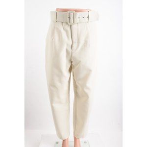 Zara High Waisted Belted Ankle Pants Trousers L Ivory Ecru 1478/430
